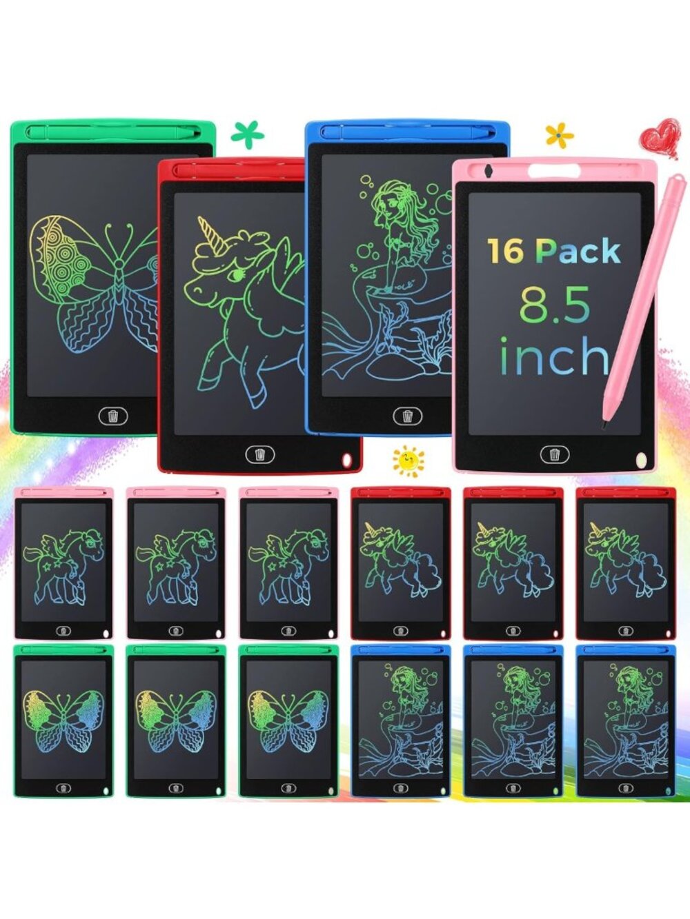 16 Pack LCD Writing Tablets - Colorful Blue, Green, Pink, Red - Eco-Friendly